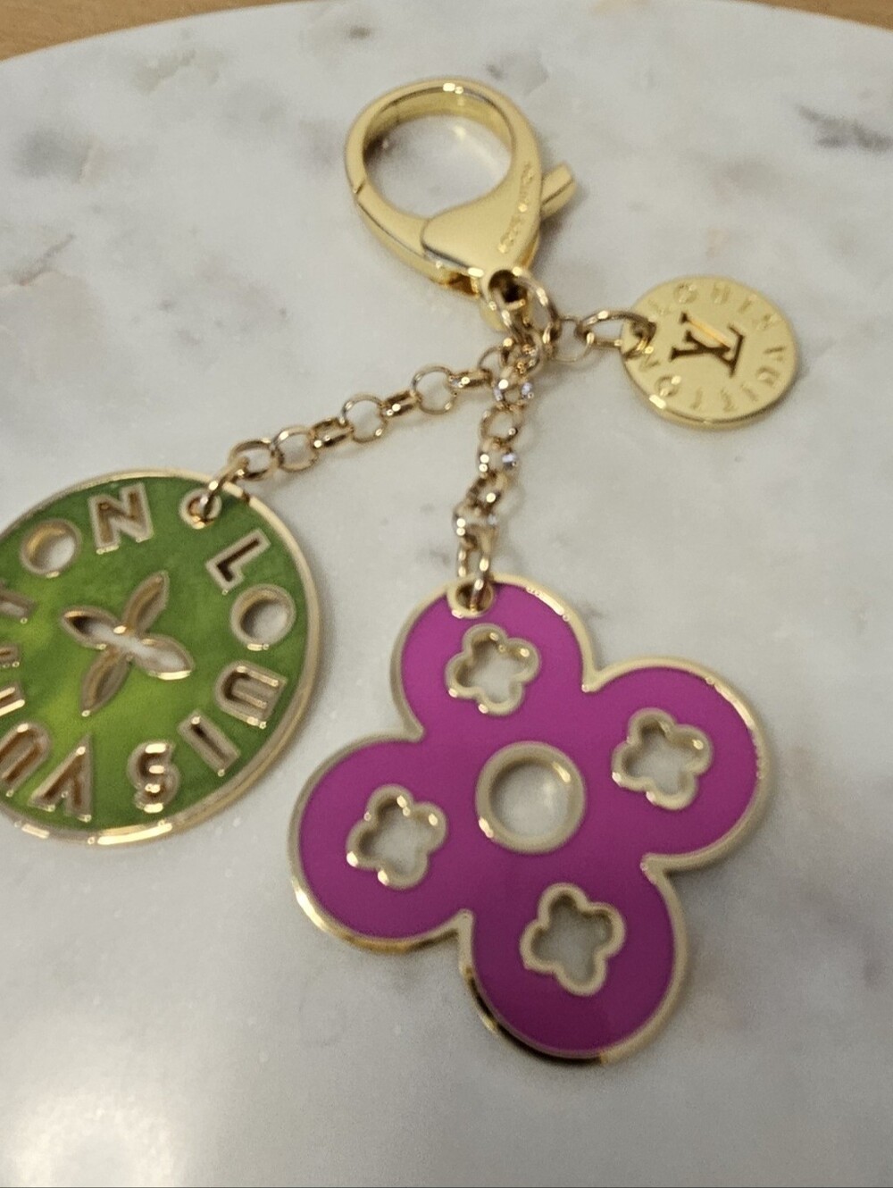 Louis Vuitton Pink and Green Enamel Flower Key Charm with Gold Hardware